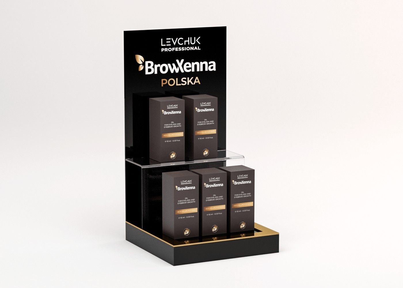 Wielopoziomowy ekspozytor kosmetyczny BrowXenna Polska z czarnego akrylu z produktami na dwóch poziomach