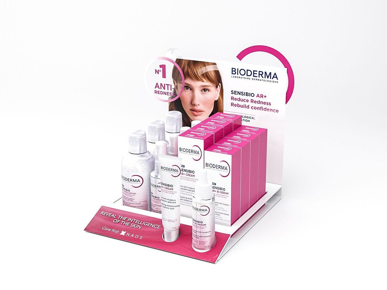 Materiały POS z plexi: nablatowy display na dermokosmetyki Bioderma z testerami i grafiką