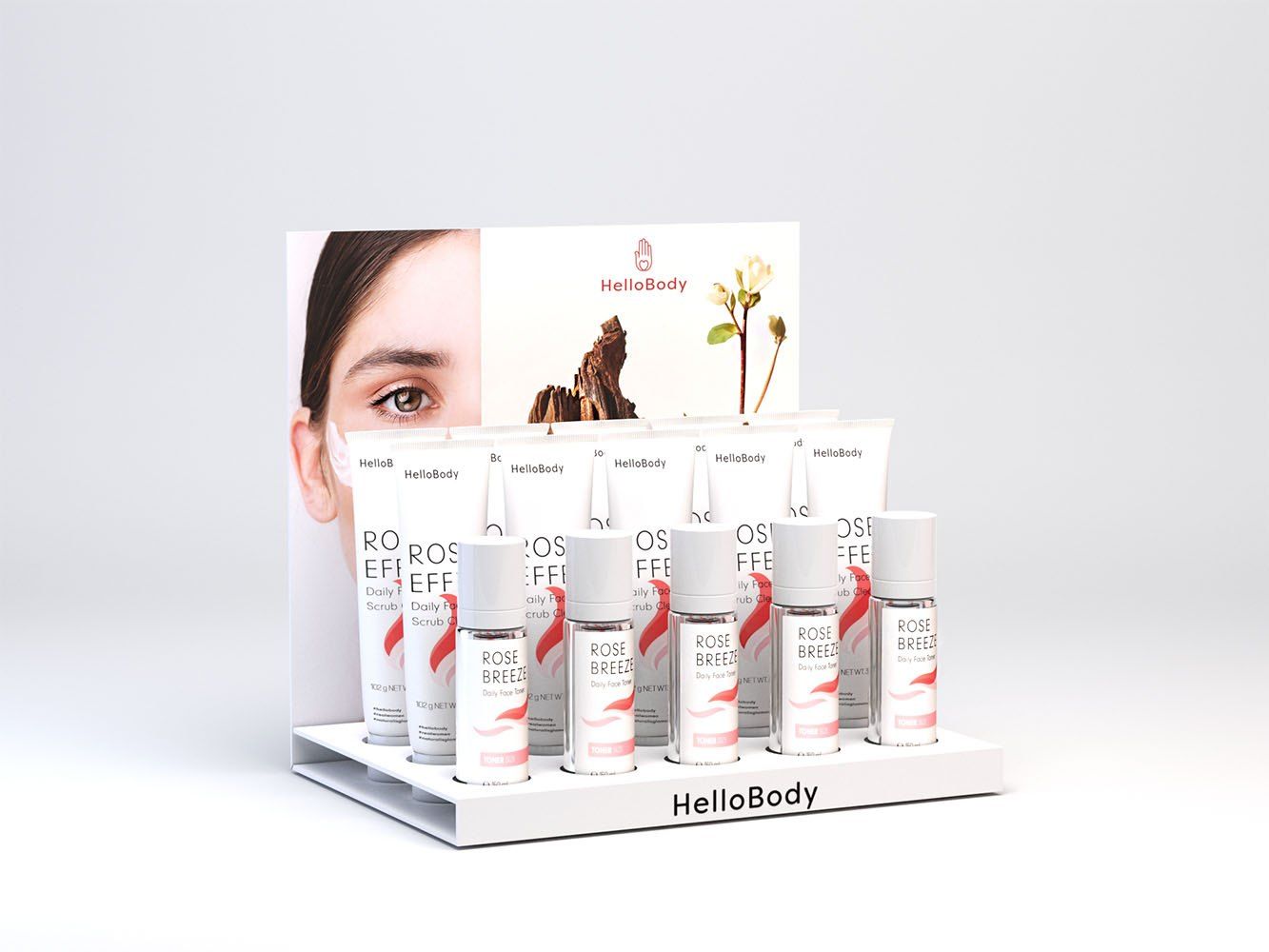 Ekspozytor kosmetyczny Hello Body z plexi z grafiką i produktami na stopniowanej półce