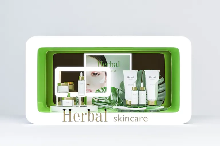 Wizualizacja podświetlanego ekspozytora nablatowego z kosmetykami Herbal skincare