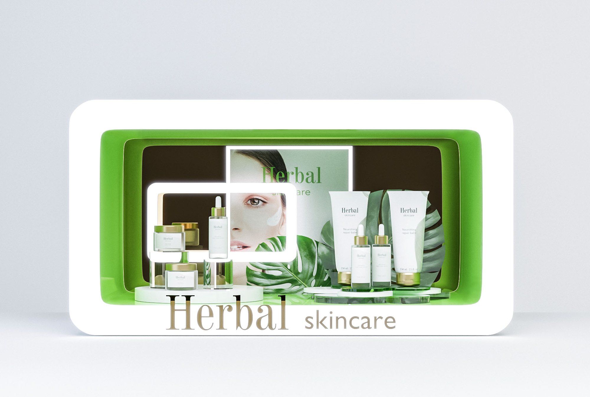Wizualizacja podświetlanego ekspozytora nablatowego z kosmetykami Herbal skincare